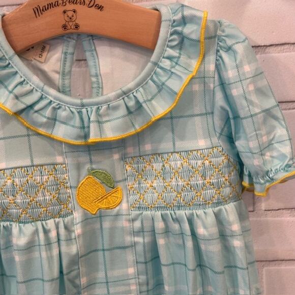 Boutique Marie Nicole Baby Girl 18 Month Blue Yellow Lemon Plaid One-Piece - Picture 4 of 9
